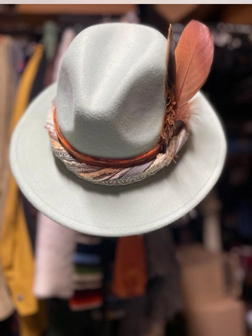 Forever 21 Mint Fedora with Orange Feather Accents